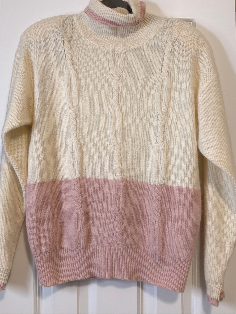 Russ Cream and Dusty Pink Cable Turtleneck Sweater LAMBSWOOL/RABBIT HAIR
